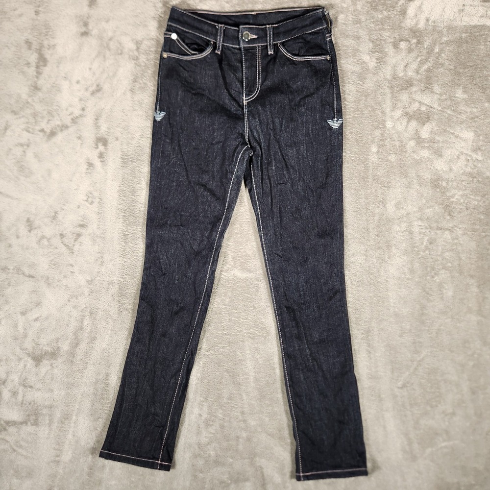 Emporio Armani Jeans Women 25 Dark Blue Excellent Slim Straight Pink Stitch Logo